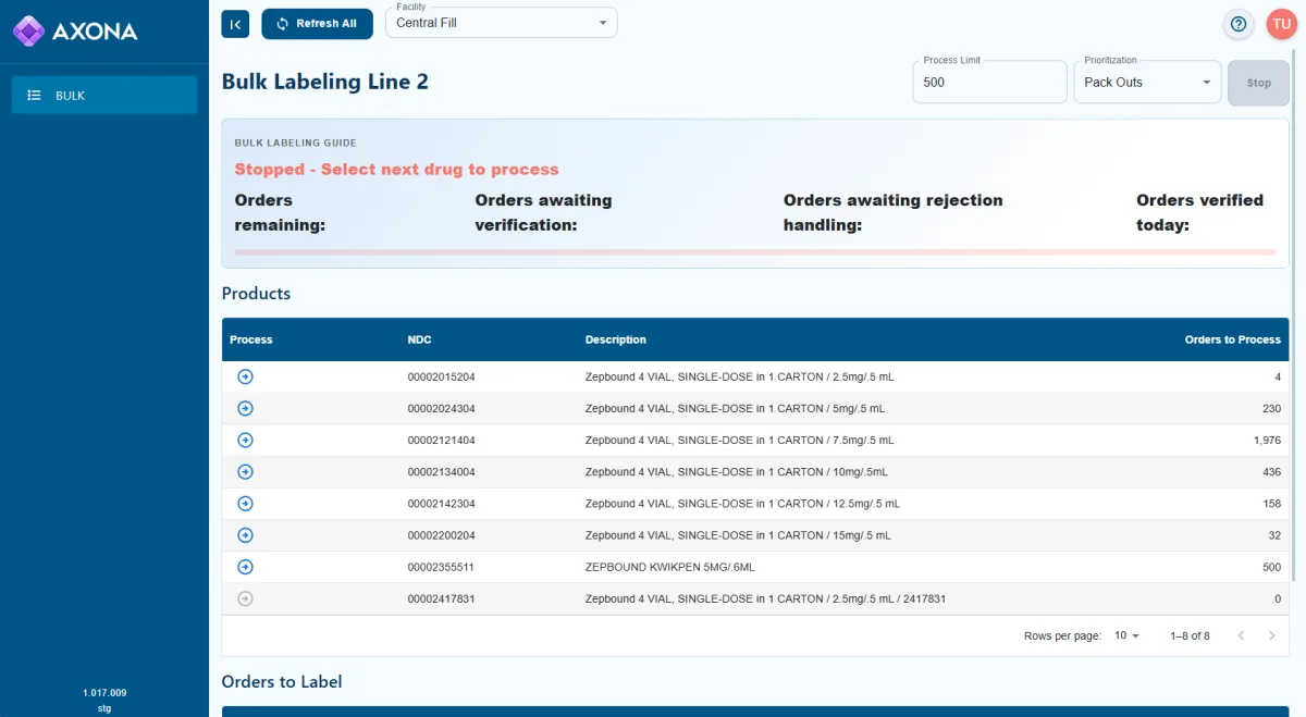 Axona bulk labeling screen with process limits and prioritization