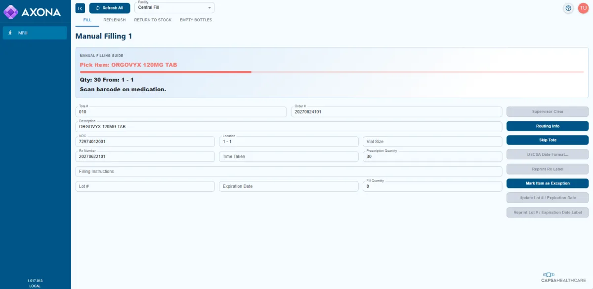 Axona manual fill screen tracking items routed to manual stations