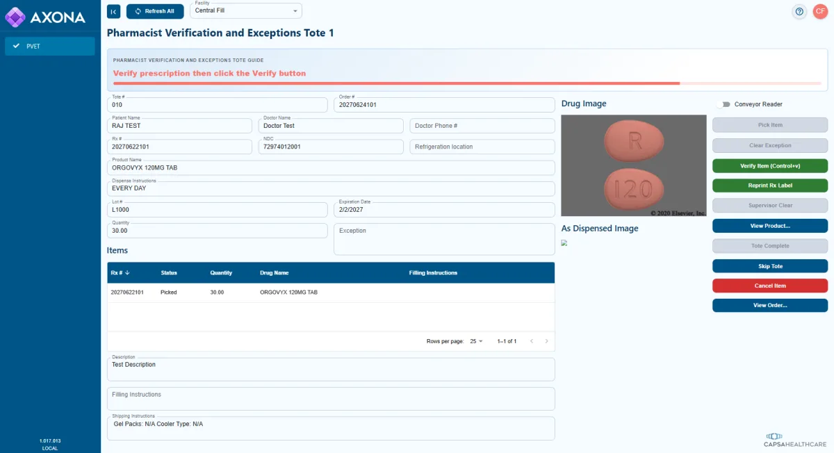 Axona pharmacist verification screen showing reference and as-dispensed images
