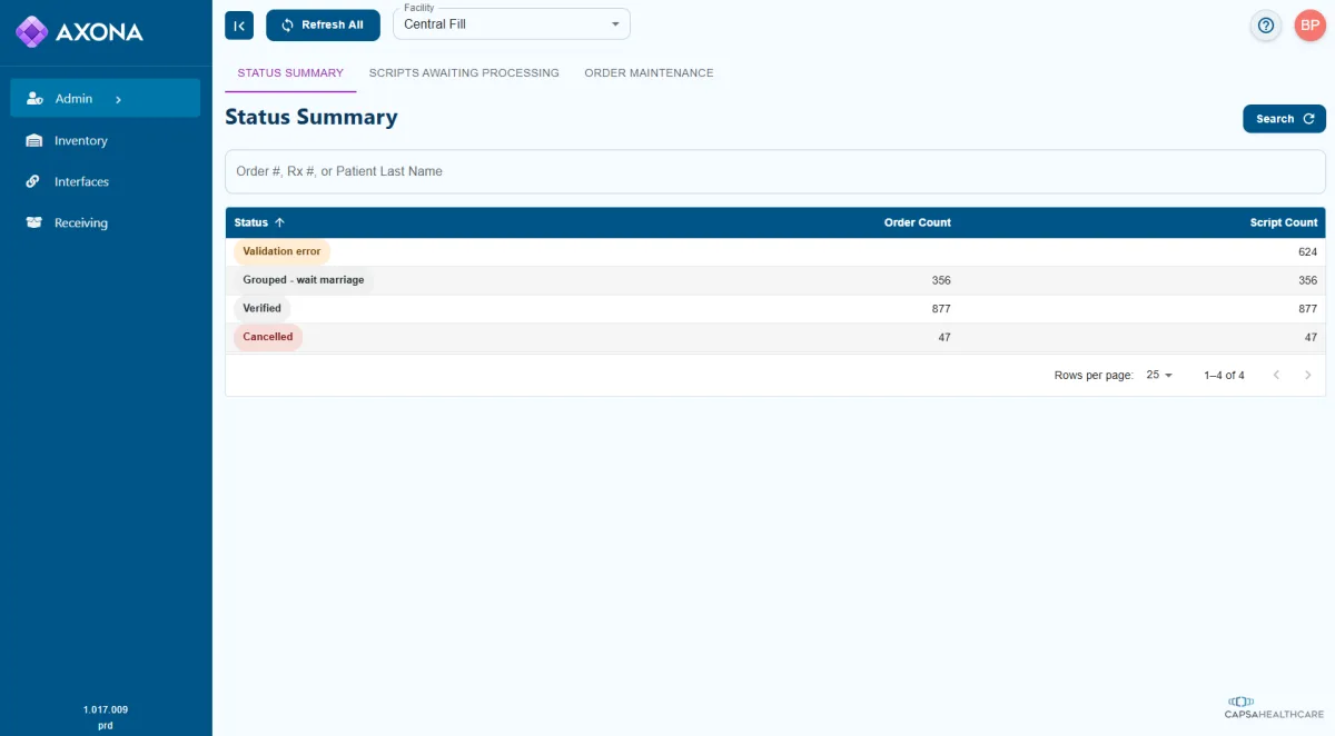 Axona order status screen with a facility-wide live summary